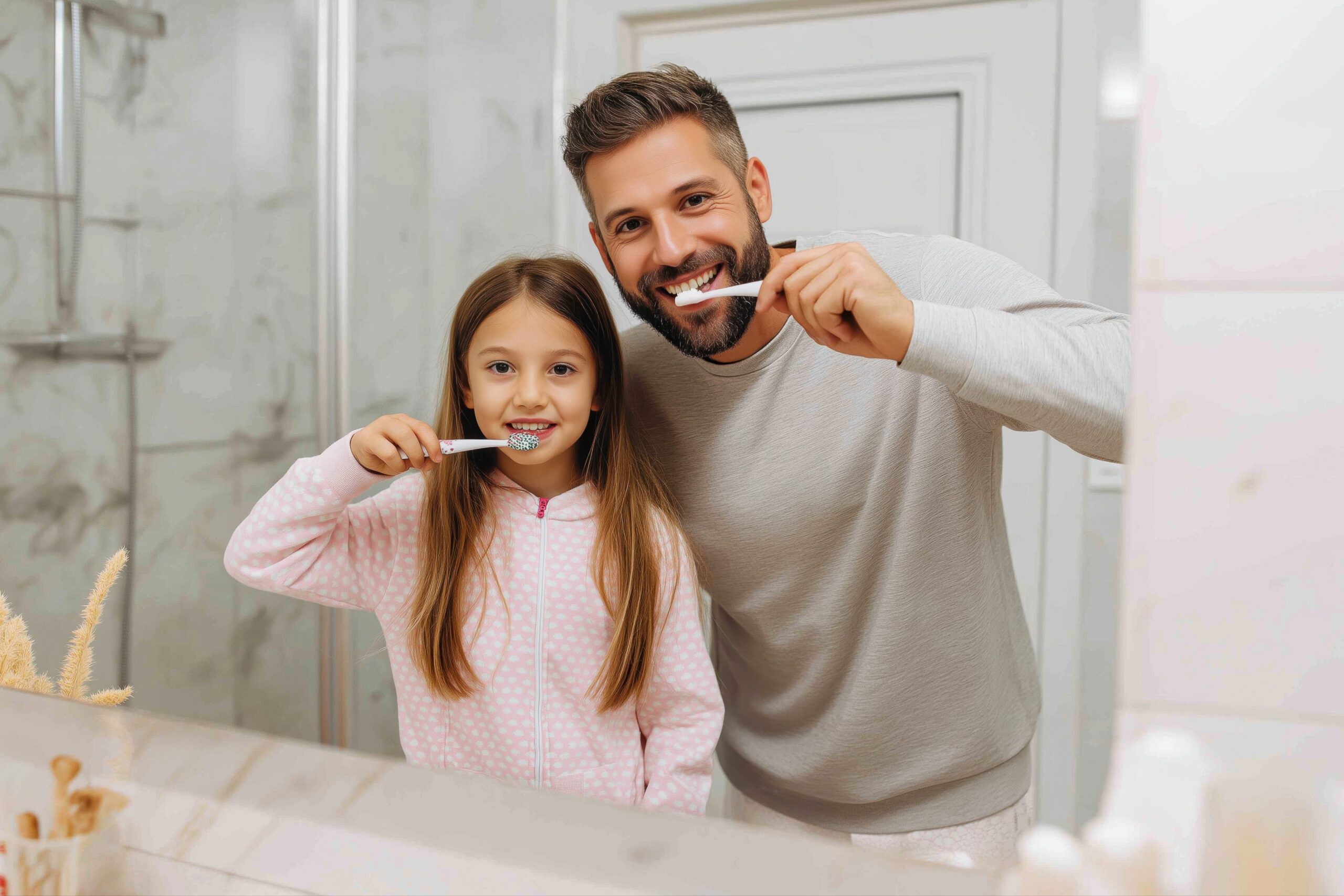 cheerful and healthy hygiene habit shown through a parent and child toothbrushing together